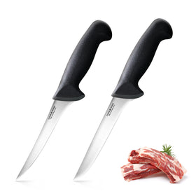 Cook N Home Boning Knife Set 6-inch, High Carbon Stainless Steel Flexible Curved and Straight Stiff Boning Kitchen Knives 2-Piece, Ergonomic Handle, Black