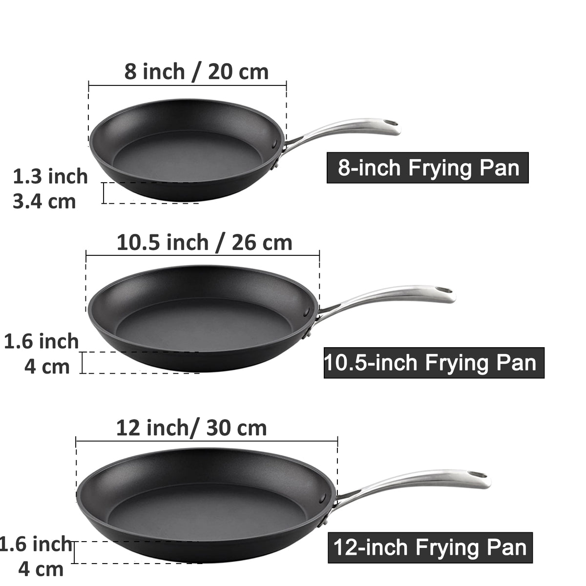 Cooks Standard Classic Hard Anodized Nonstick 8 inch/10.5 inch/12 inch 3-Piece Fry /Saute / Omelet Pan Set