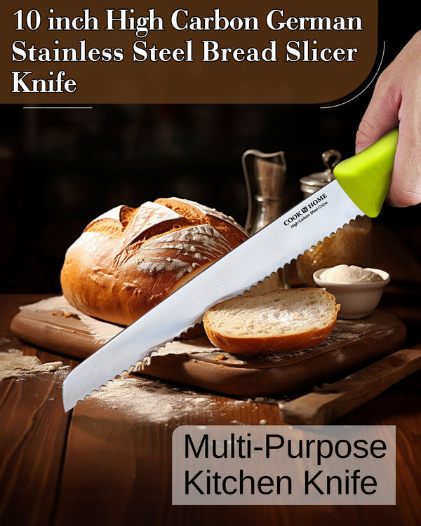 Cook N Home Bread Slicer Knife 10-Inch, Wavy Serrated High Carbon German Stainless Steel Sharp Kitchen Knife, Ergonomic Handle, Green