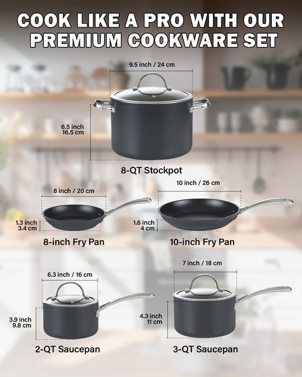 Cooks Standard 8-Piece Nonstick Hard Anodized Cookware Set, Pots and Pans Set Includes Saucepans, Stockpot, Frying Pans, Lids, Black