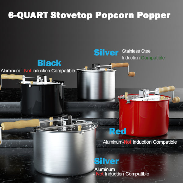 Cook N Home Stovetop Popcorn Popper with Crank, 6 Quart Stainless Steel Popcorn Pot, Silver