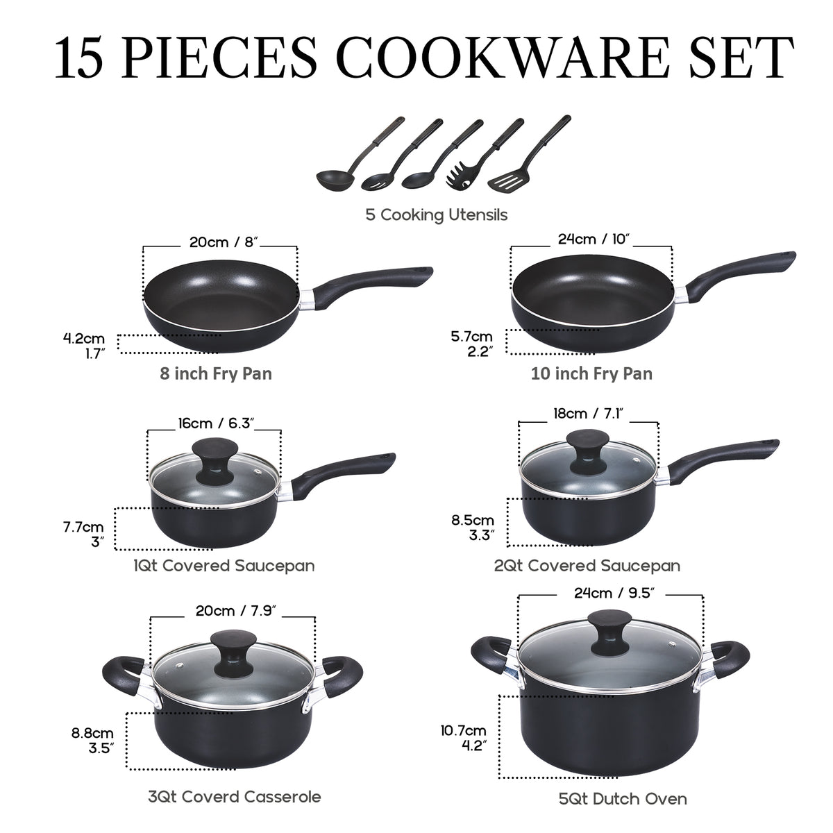 Cook N Home Basic Nonstick Stay Cool Handle 8-Piece Cookware Set - Black