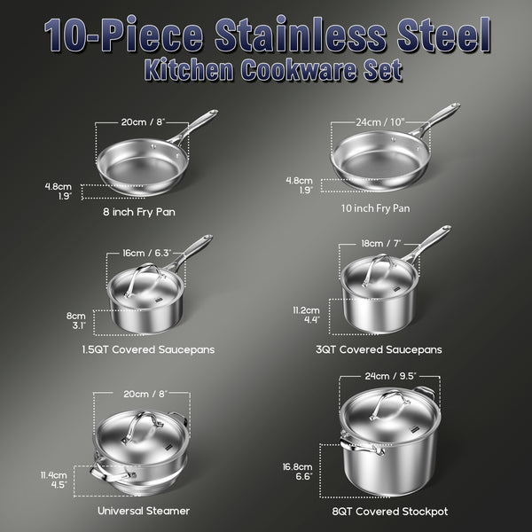 Cooks Standard Stainless Steel Kitchen Cookware Sets 10-Piece, Multi-Ply Full Clad Pots and Pans Cooking Set with Stay-Cool Handles, Dishwasher Safe, Oven Safe 500°F, Silver