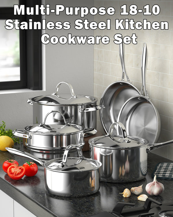 Cooks Standard Classic Stainless Steel Cookware Set 10-Pieces, 18/10 Stainless Steel Pots and Pans Kitchen Cooking Set, Silver
