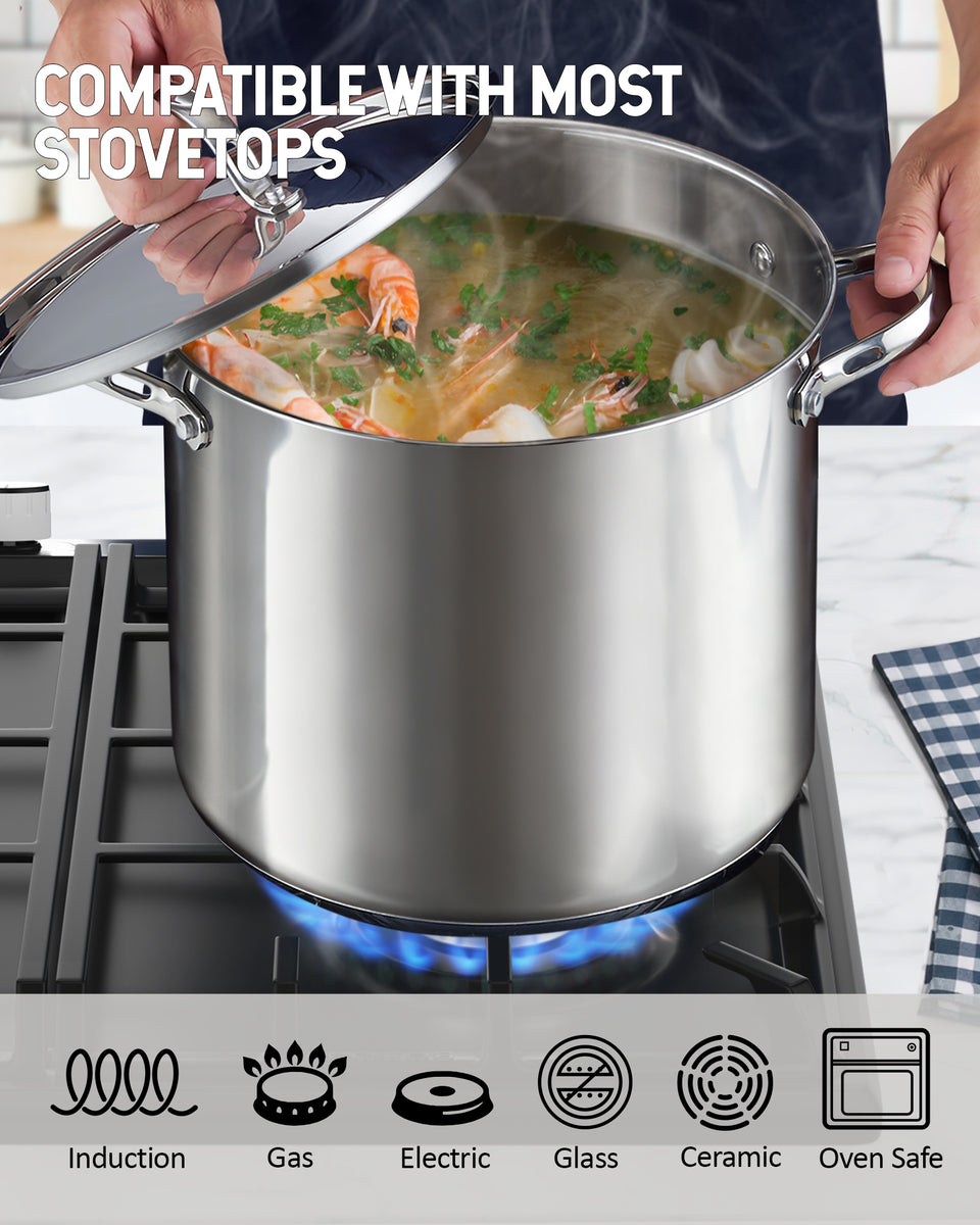 Stainless Steel Stockpot 18.5 Quart - Heavy Duty With Glass Lid, Induction Compatible
