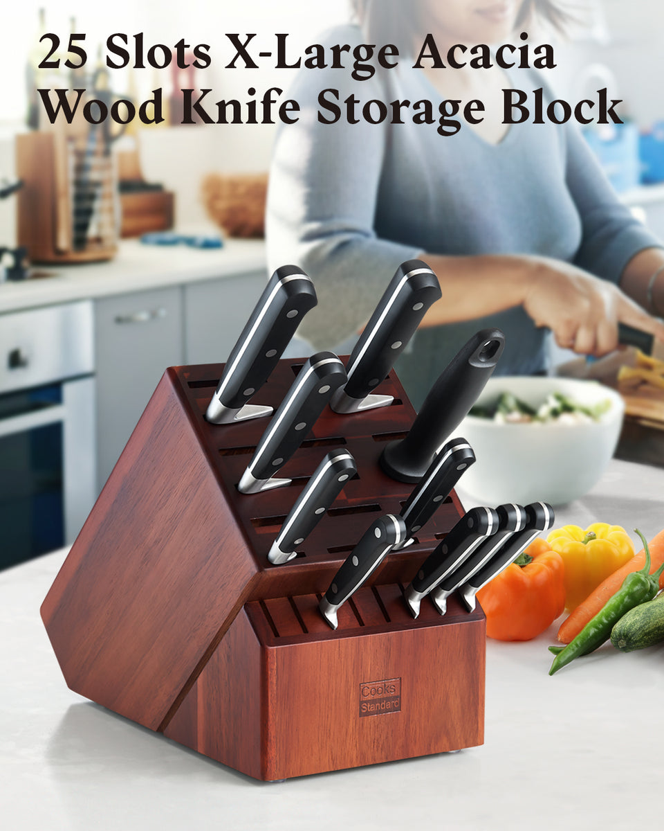 12 Slot Kitchen Knives Block, WELLSTAR Natural Wood Knife Holder without  Knives – Hard Wood Countertop Knife Storage with Built-in Knife Sharpener 