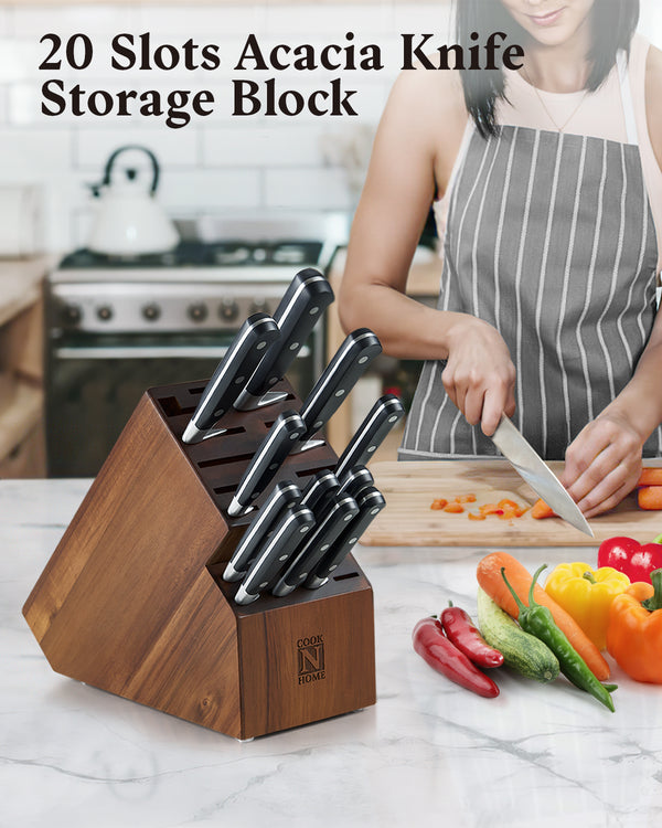 Cook N Home Acacia Wood Knife Storage Block without Knives, 20 Slot Universal Knife Holder Countertop Butcher Block Knife Stand for Easy Kitchen Storage