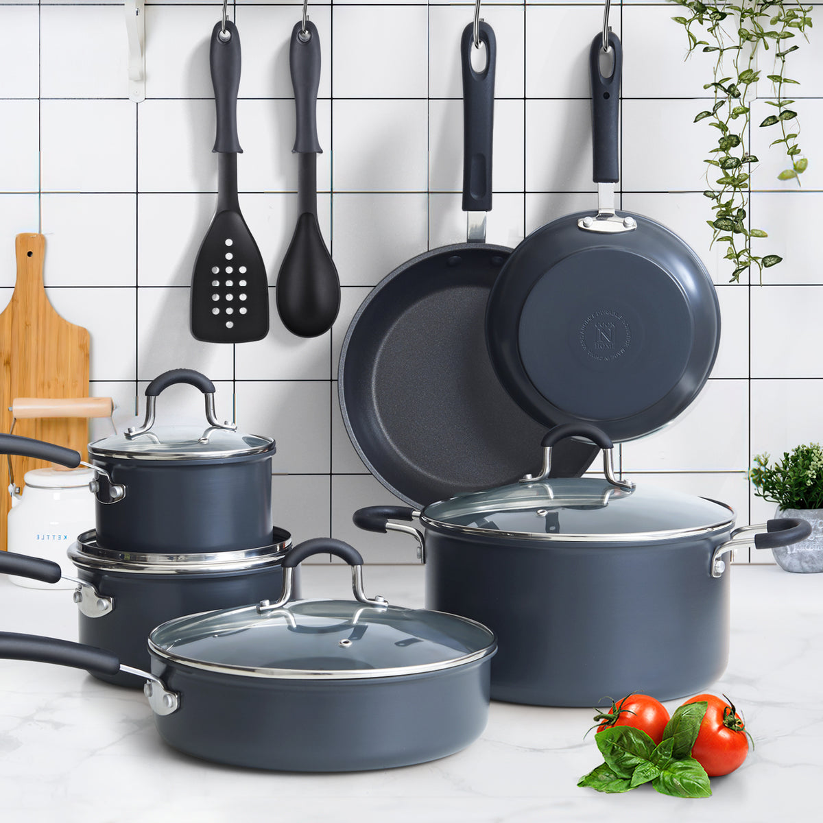   Basics Hard Anodized Non-Stick 12-Piece Cookware Set,  Black - Pots, Pans and Utensils: Home & Kitchen