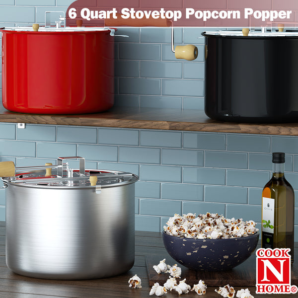 Cook N Home Stovetop Popcorn Popper with Crank, 6-Quart Aluminum Popcorn Pot, Silver