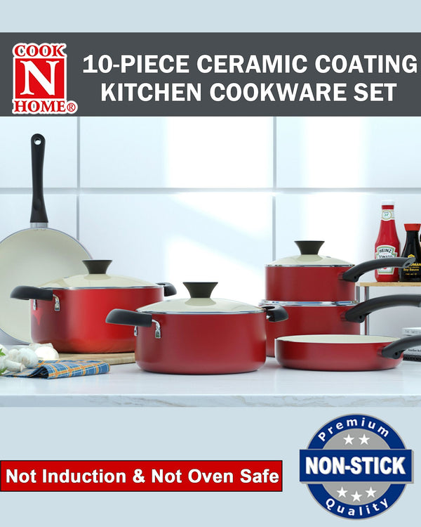 Cook N Home Ceramic coating cookware set 10-Piece, Red