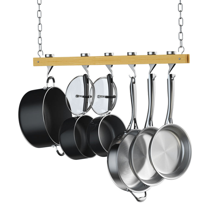 cook n home Cooks Standard 36-Inch Ceiling Mounted Wooden Pot Rack with 6 Solid Cast Aluminum Swivel Hooks Movable Tracks Type Hanging Pot Rack Suitable for Heavy Duty Pots and Pans