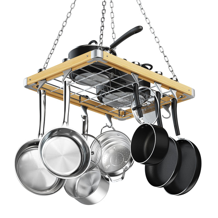 cook n home Cooks Standard Ceiling Mounted Wooden Pot Rack with Metal Grate Movable Tracks Type Hanging Pot Rack with Solid Cast Aluminum Swivel and Fixed Hooks Suitable for Heavy Duty Cookware 24x18-Inch