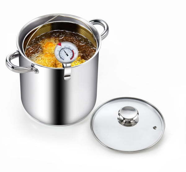 Cook N Home Deep Fryer Pot, Japanese Tempura Small Stainless Steel Deep Frying Pot, 304 Stainless Steel with Oil Drip Drainer Rack, Glass Lid, 6.3 inch/ 4Quart, for Kitchen French Fries, Chicken