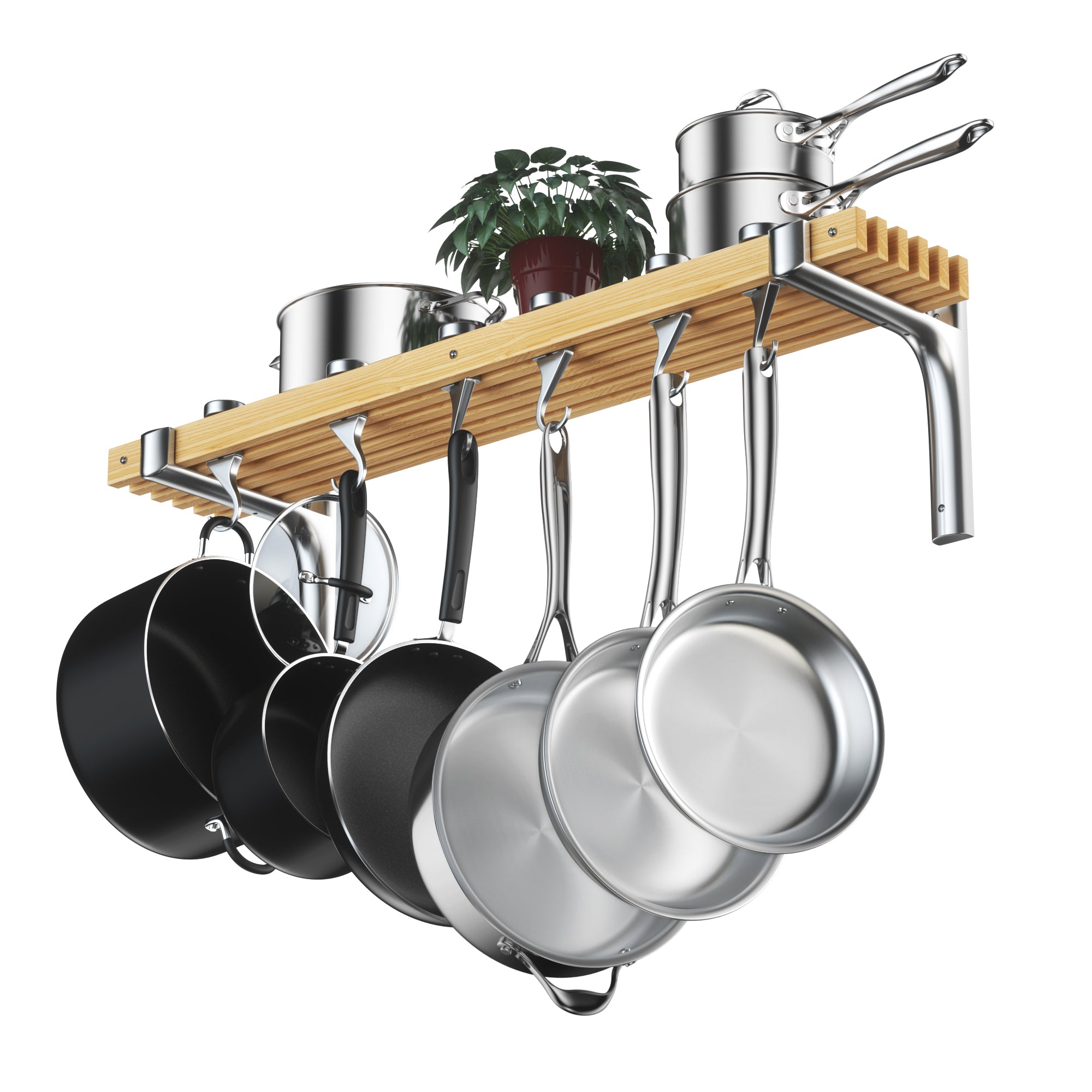 Cooks Standard 36-Inch Wall Mounted Wooden Pot Rack with Solid Cast Aluminum Swivel Hooks, Movable Tracks Type Pan Rack Suitable for Heavy Duty Pots