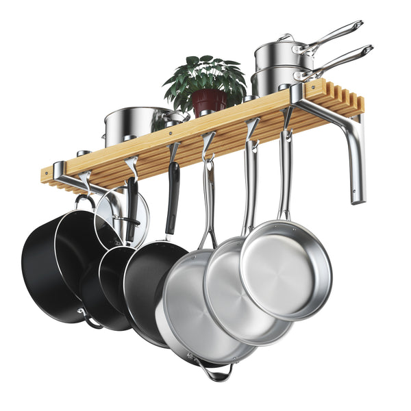 Cooks Standard 36-Inch Wall Mounted Wooden Pot Rack with 6 Solid Cast Aluminum Swivel Hooks, Movable Tracks Type Pan Rack Suitable for Heavy Duty Pots and Pans