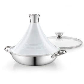 D&M Tagine Pot, 11 Inch 3.6 Quart Moroccan Clay Tagine Pot Alternative, Multi-Ply Clad Stainless Steel, Traditional Cooking Pot with Die-Cast Aluminum White Conical Lid and Stainless Steel Knob