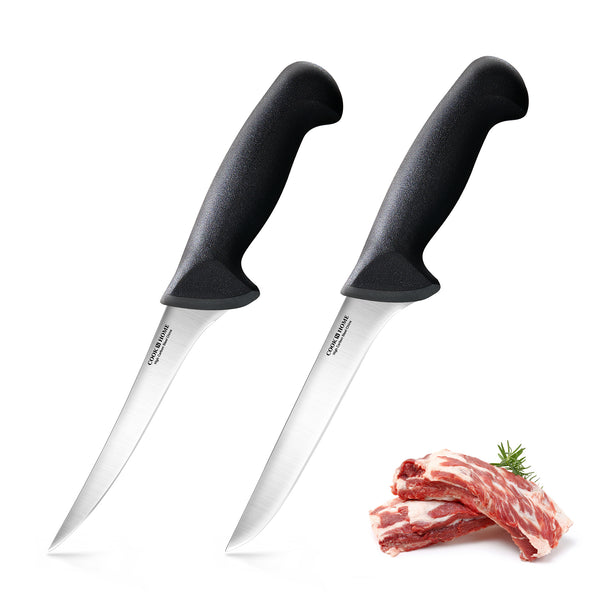 Cook N Home Boning Knife Set 6-inch, High Carbon Stainless Steel Flexible Curved and Straight Stiff Boning Kitchen Knives 2-Piece, Ergonomic Handle, Black