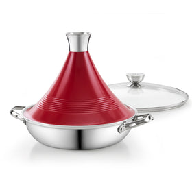 D&M Tagine Pot, 11 Inch 3.6 Quart Moroccan Clay Tagine Pot Alternative, Multi-Ply Clad Stainless Steel, Traditional Cooking Pot with Die-Cast Aluminum Red Conical Lid and Stainless Steel Knob