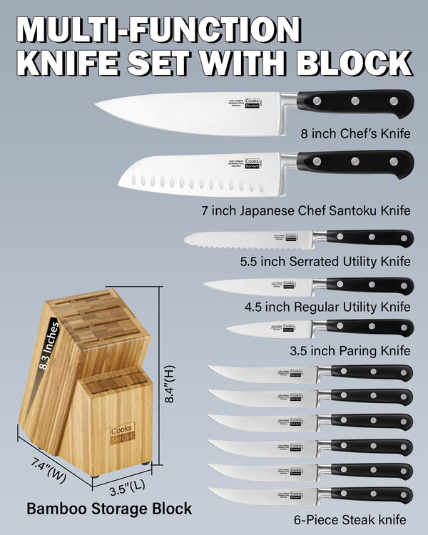 Cooks Standard Kitchen Knife Set with Block 12-Piece, Stainless Steel Forge High Carbon German Blade with Expandable Bamboo Storage Block for Extra Slots, Black