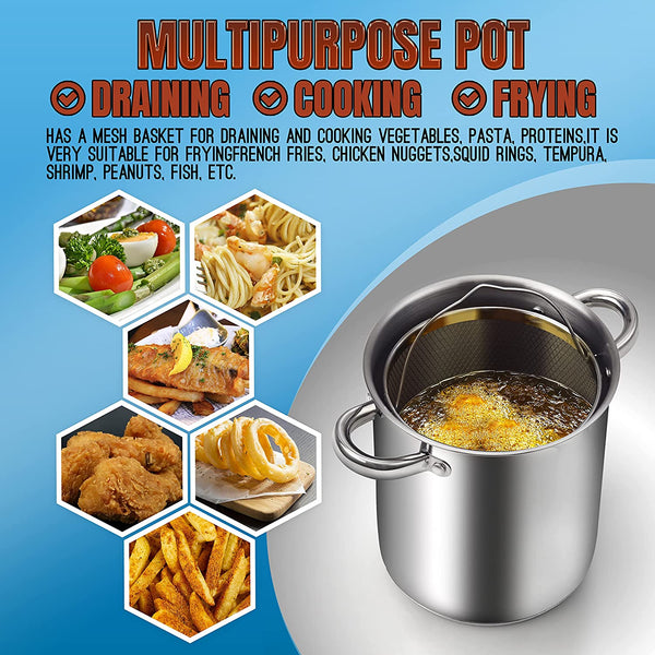 Cook N Home Deep Fryer Pot, Japanese Tempura Small Stainless Steel Deep Frying Pot, 304 Stainless Steel with Oil Drip Drainer Rack, Glass Lid, 6.3 inch/ 4Quart, for Kitchen French Fries, Chicken