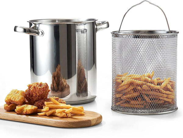Cook N Home Deep Fryer Pot, Japanese Tempura Small Stainless Steel Deep Frying Pot, 304 Stainless Steel with Oil Drip Drainer Rack, Glass Lid, 6.3 inch/ 4Quart, for Kitchen French Fries, Chicken
