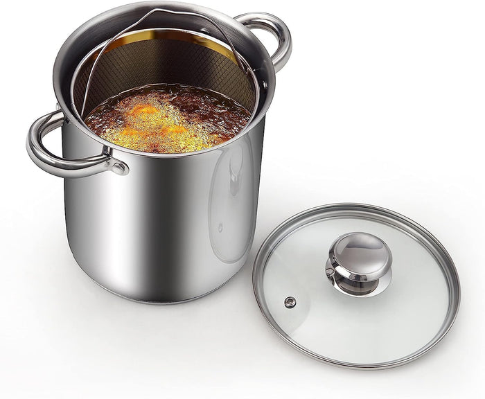 cook n home Cook N Home Deep Fryer Pot Japanese Tempura Small Stainless Steel Deep Frying Pot 304 Stainless Steel with Oil Drip Drainer Rack Glass Lid 6.3 inch/ 4Quart for Kitchen French Fries Chicken