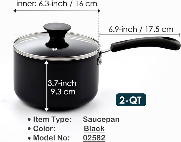 Cook N Home Nonstick Sauce Pan with Glass Lid 2-Qt, Multi-purpose Pot Saucepan Kitchenware, Black, Aluminum