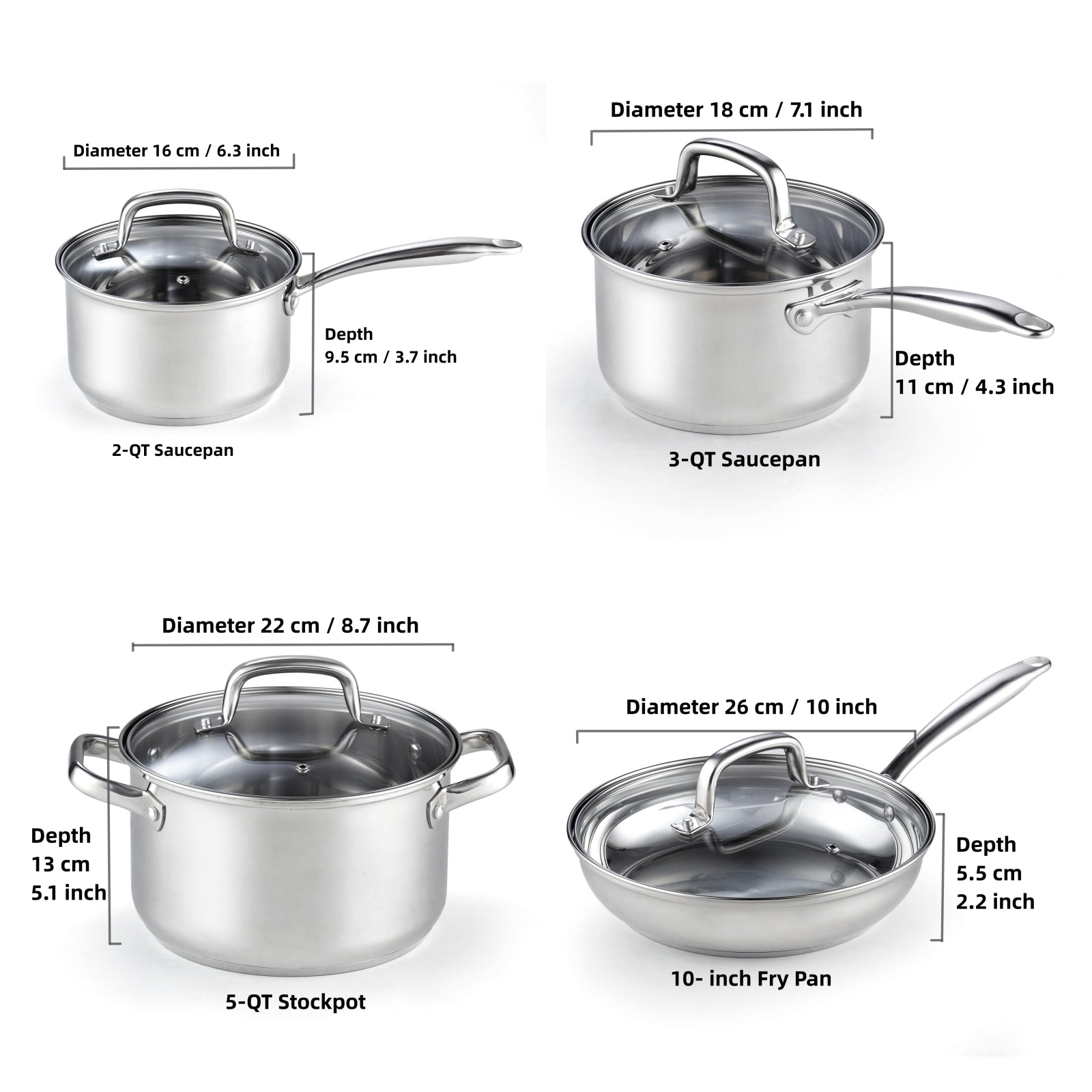 Cook N Home Pots and Pans Stainless Steel Cooking Set 7-Piece, Tri-Ply Clad  Kitchen Cookware Set, Dishwasher Safe, Glass Lid, Silver