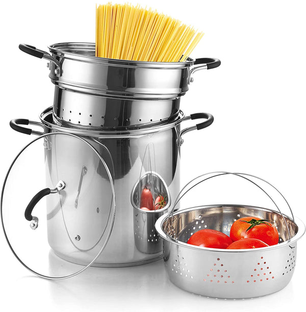 Cook N Home 4-Piece Stainless Steel Pasta Cooker Steamer Multipots, 12 Quart, Silver