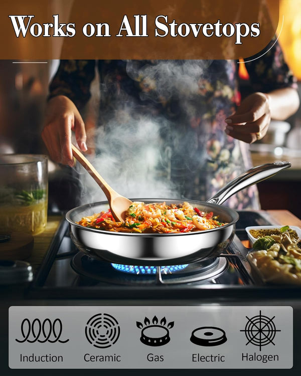 Cook N Home 10 inches Stainless Steel Frying Pan Tri-Ply Clad 18/10 Stainless Steel Skillet Sauté Cooking Fry Pan, Induction Cookware, Silver