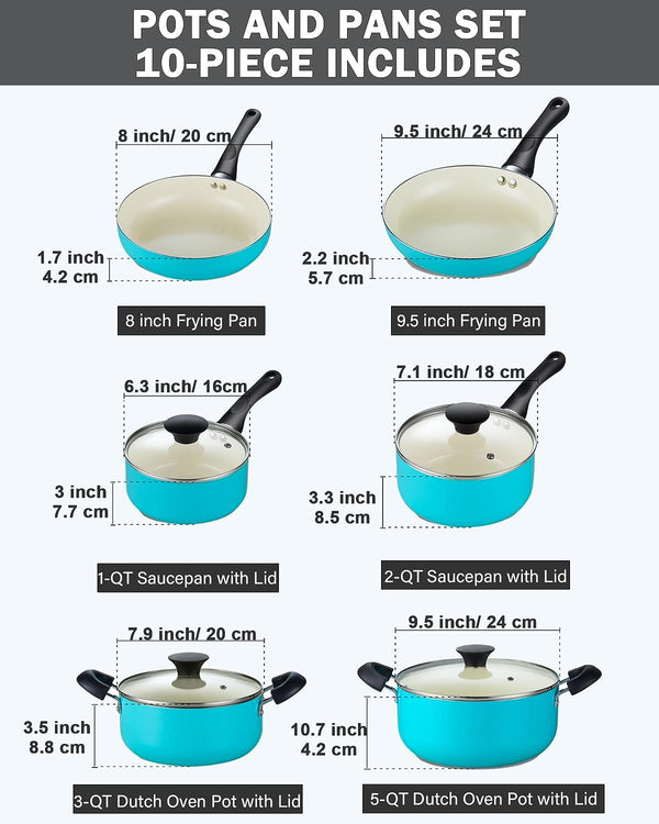 Cook N Home Pots and Pans Set Nonstick, 10-Piece Ceramic Kitchen Cookware Sets, Nonstick Cooking Set with Saucepans, Frying Pans, Dutch Oven Pot with Lids, Turquoise