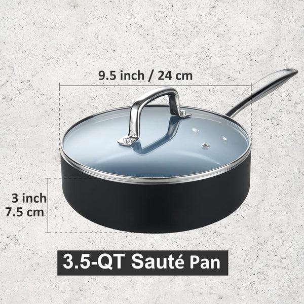 Cook N Home Ceramic Nonstick Coating Deep Saute Fry Pan with Lid 3.5-Qt, Grey