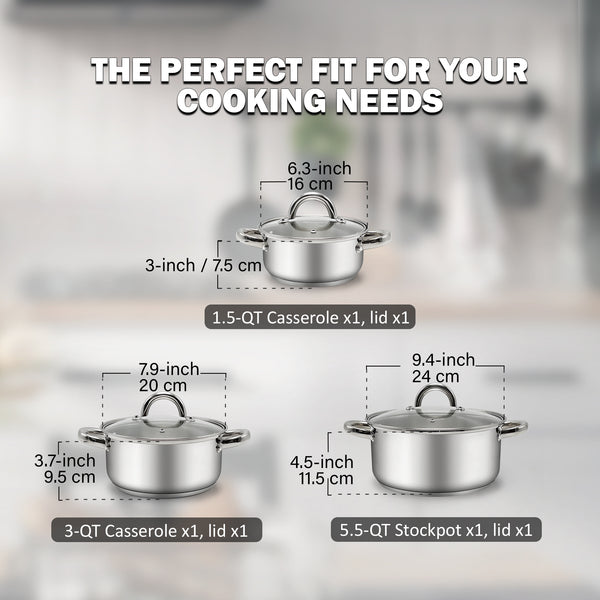 Cook N Home 3-Quart Stainless Steel Pot, Small Stock Pot with Glass Lid, Basics Saucier Casserole Stockpot
