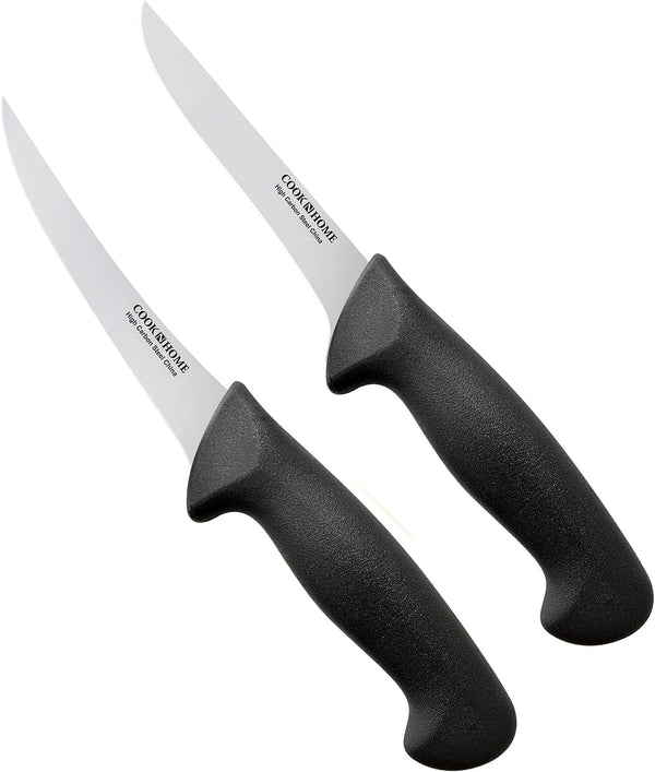 Cook N Home Boning Knife Set 6-inch, High Carbon Stainless Steel Flexible Curved and Straight Stiff Boning Kitchen Knives 2-Piece, Ergonomic Handle, Black