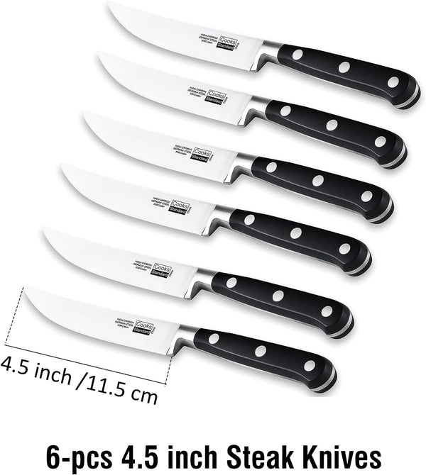 Cooks Standard Steak Knives Set 6-Piece, High Carbon Stainless Steel Classic Sharp Kitchen Steak Knife, Ergonomic Handle,Black