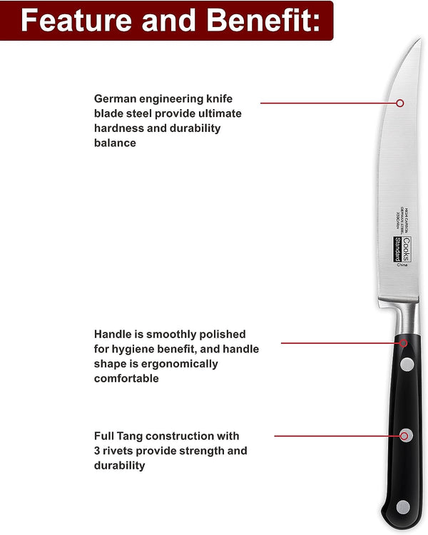 Cooks Standard Steak Knives Set 6-Piece, High Carbon Stainless Steel Classic Sharp Kitchen Steak Knife, Ergonomic Handle,Black