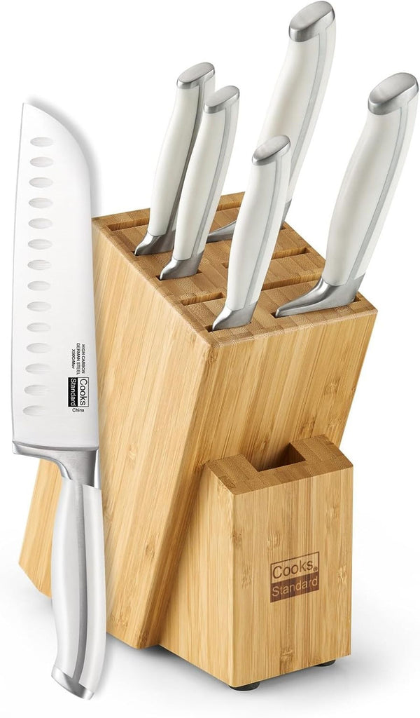 Cooks Standard Kitchen Knife Set Stainless Steel 6-Piece, Forge High Carbon German Blade Steel with Expandable Bamboo Storage Block for Extra Slots, White