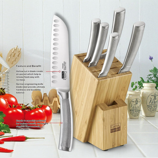 Cooks Standard Kitchen Knife Set Stainless Steel 6-Piece, Forge High Carbon German Blade Steel with Expandable Bamboo Storage Block for Extra Slots, Silver