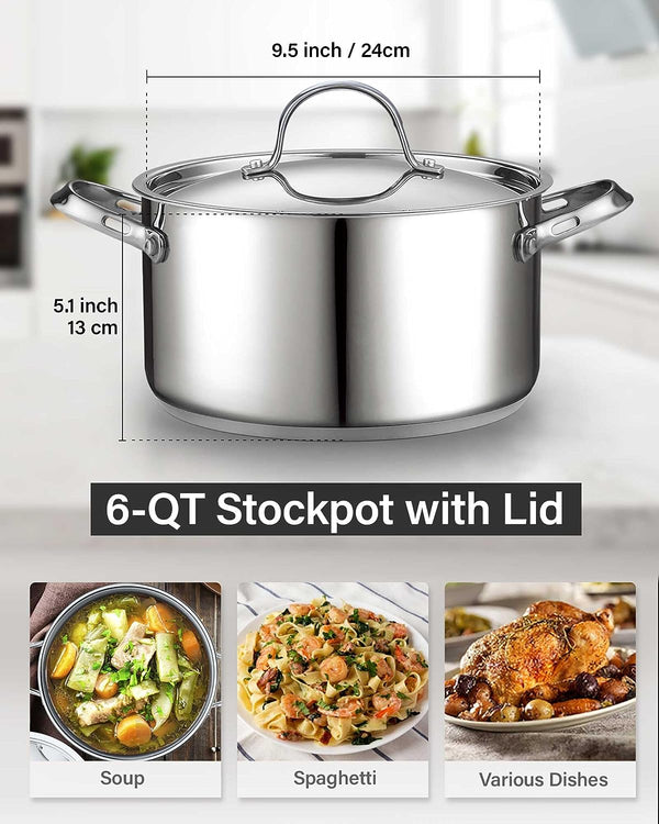Cooks Standard 18/10 Stainless Steel Stockpot 6-Quart, Classic Deep Cooking Pot Canning Cookware Dutch Oven Casserole with Stainless Steel Lid, Silver