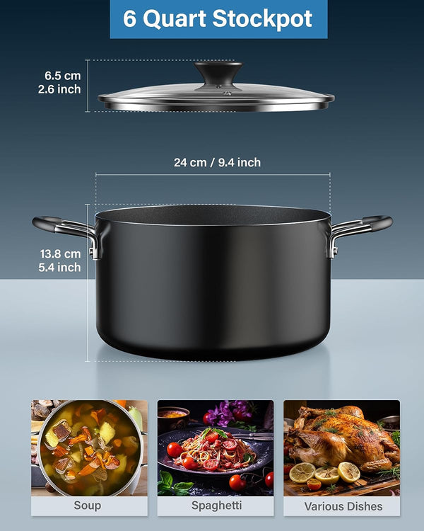 Cook N Home Nonstick Stockpot with Lid 6-QT, Professional Deep Cooking Pot Cookware Casserole with Glass Lid, Black