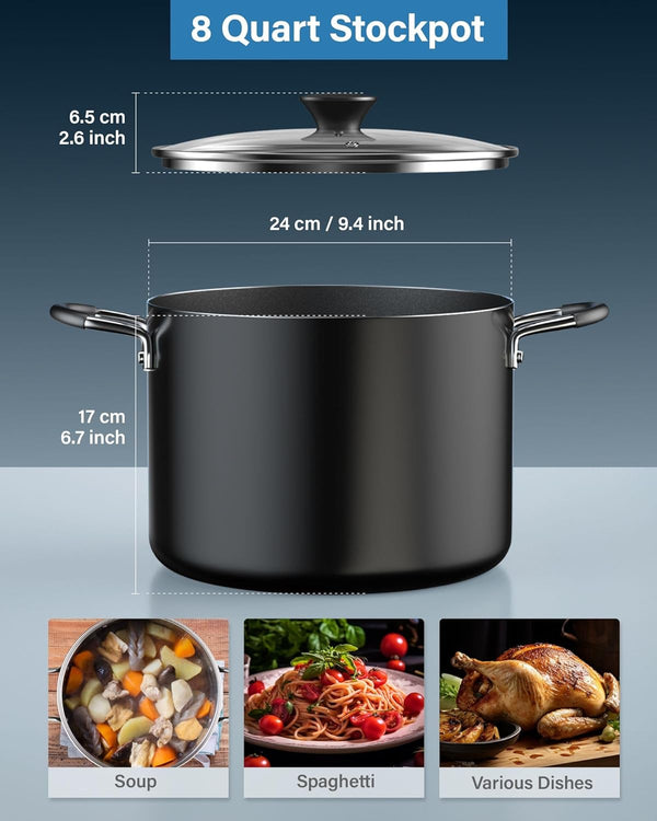 Cook N Home Nonstick Stockpot with Lid 8-QT, Professional Deep Cooking Pot Canning Cookware Stock Pot with Glass Lid, Black