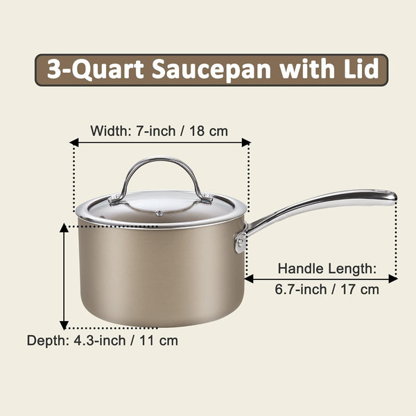 Cooks Standard 3-Quart Saucepan Hard Anodized Ceramic Nonstick with Glass Lid, Classic Small Cooking Sauce pot Mini Milk Pan, Induction Compatible, Bronze