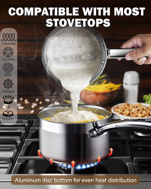 Cooks Standard Saucepan with Lid 18/10 Stainless Steel, 3-Quart Professional Sauce pot Mini Milk Pan, Oven Safe 500℉, Compatible with All Stovetops, Silver