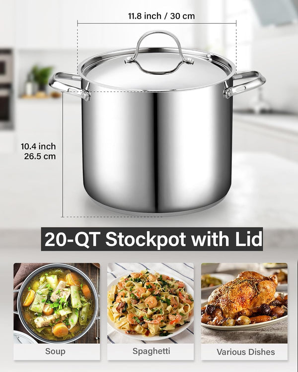 Cooks Standard 18/10 Stainless Steel Stockpot 20-Quart, Classic Deep Cooking Pot Canning Cookware with Stainless Steel Lid, Silver