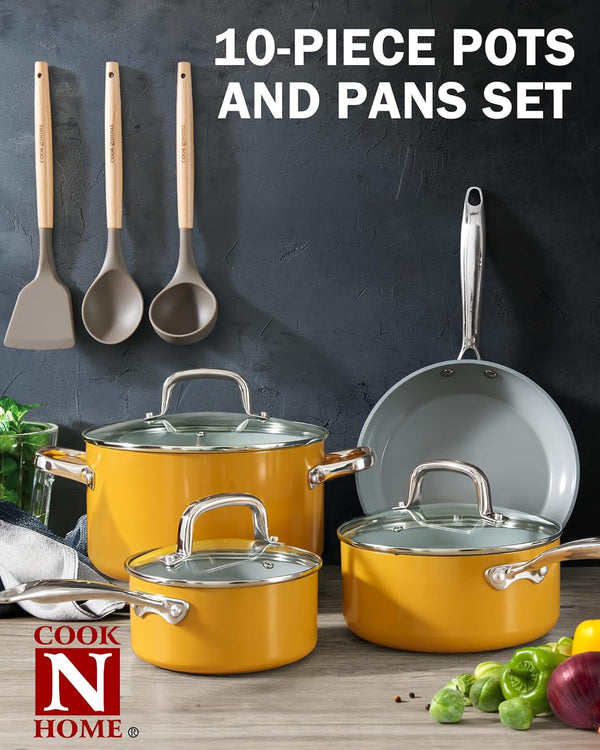 Cook N Home Nonstick Sauce Pan with Glass Lid, 3-Quart Small Saucepan Hard Anodized Non Stick Healthy Ceramic Cookware, Induction Cooking Pots and Pans with Stay-Cool Handles, Cacerola, Yellow