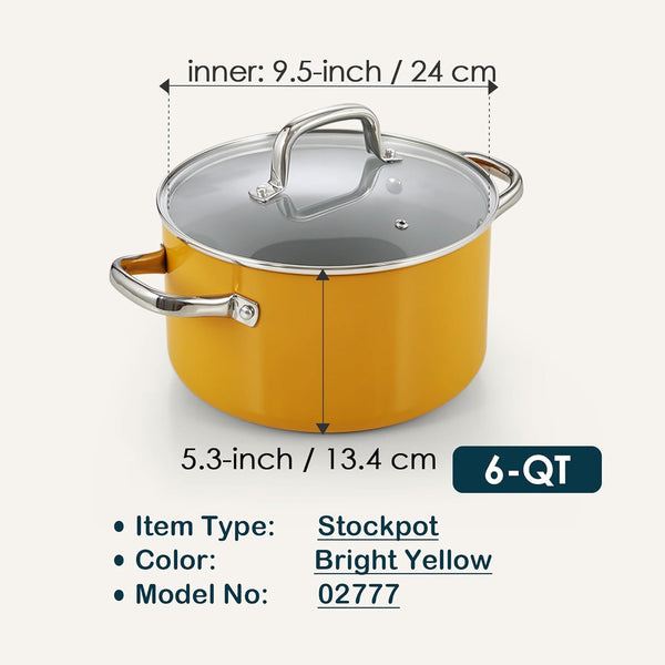 Cook N Home Non Stick Stock Pot with Lid, 6-Quart Hard Anodized Healthy Ceramic Nonstick Gumbo Pasta Pot, Induction Cookware Stockpot for Cooking, Canning, Sauce, Ollas para Cocina, Yellow