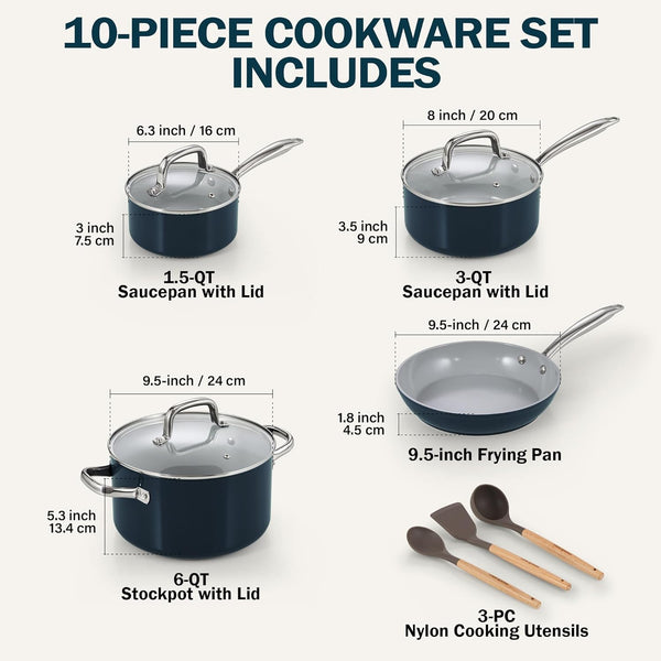 Cook N Home Pots and Pans Set Non Stick, 10-Piece Hard Anodized Nonstick Healthy Ceramic Cookware Set, Induction Cookware Cooking Set with Stay-Cool Handles, Nylon Kitchen Utensils, Blue