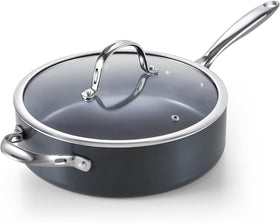 Cooks Standard 4-QT Nonstick Deep Sauté Pan with Lid, 10.5-inch Deep Frying Pan Hard Anodized Ceramic Nonstick Induction Cookware, Oven Safe Large Skillet Jumbo Cooker Sartén, Helper Handle, Black