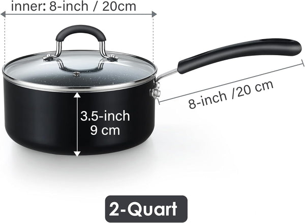 Cook N Home 2-Quart Nonstick Saucepan with Lid, Professional Granite Sauce Pan Non Stick Small Pots for Cooking with Stay-Cool Silicone Handle, Heavy Gauge Aluminum Induction Cookware, Marble