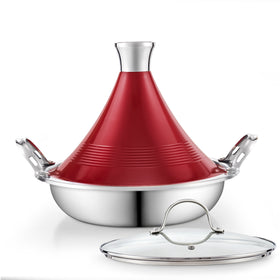Cooks Standard Moroccan Tagine Pot, 3.6 Qt Multi-Ply Clad Stainless Steel Pan with Dual Handles, Clay Pot Alternative for Slow Cooking, Cone-Shaped Die-Cast Aluminum Lid & Extra Glass Lid, Red